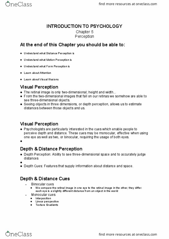 PSYC 101 Lecture Notes - Lecture 5: Parsing, Subjective Constancy, Depth Perception thumbnail