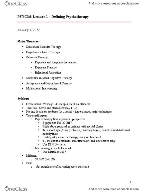 PSYC36H3 Lecture Notes - Lecture 1: Interpersonal Relationship, Eye Movement Desensitization And Reprocessing, Narrative Therapy thumbnail