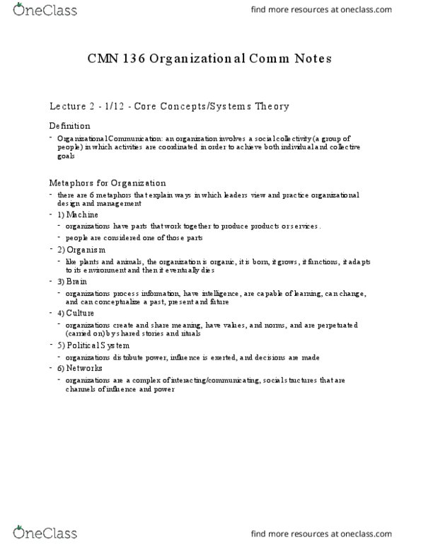 CMN 136 Lecture Notes - Lecture 2: Homeostasis, Cybernetics, Organizational Communication thumbnail