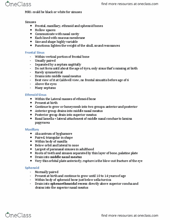 MEDRADSC 3I03 Lecture Notes - Lecture 10: Semilunar Hiatus, Ethmoid Sinus, Nostril thumbnail