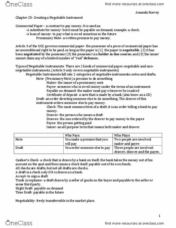 LEGL 226 Chapter Notes - Chapter 25: Negotiable Instrument, Commercial Paper, Promissory Note thumbnail