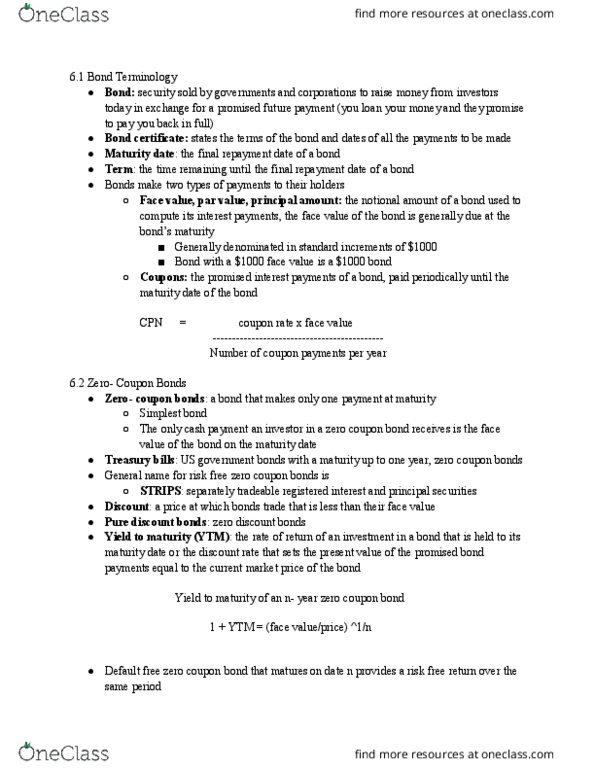 SMG FE 101 Chapter Notes - Chapter 6: United States Treasury Security, Yield Curve, Interest Rate Risk thumbnail