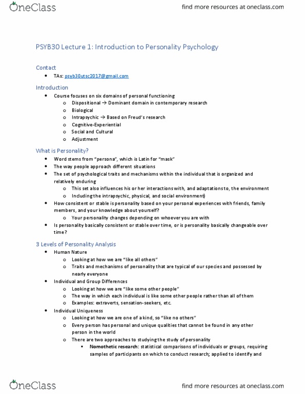 PSYB30H3 Lecture Notes - Lecture 1: Personality Psychology, Nomothetic, Behavioural Genetics thumbnail