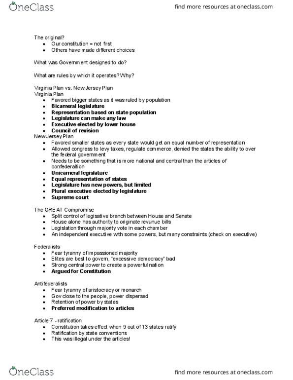 POL SCI 40 Lecture Notes - Lecture 4: Bicameralism, Connecticut Compromise, Enumerated Powers thumbnail