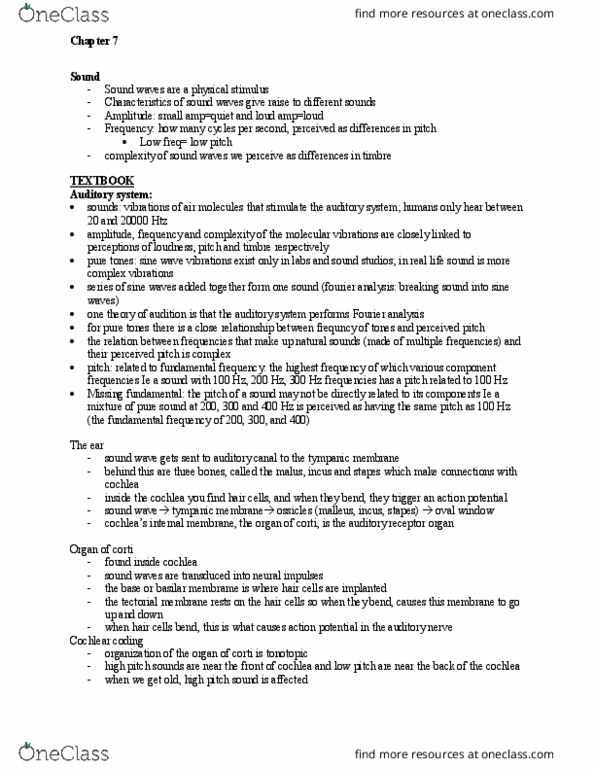 Psychology 2221B Chapter Notes - Chapter 7: Cochlear Nucleus, Medial Geniculate Nucleus, Tectorial Membrane thumbnail