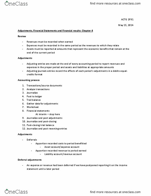 ACTG 1P91 Lecture Notes - Lecture 4: Financial Statement, Deferral, Income Statement thumbnail
