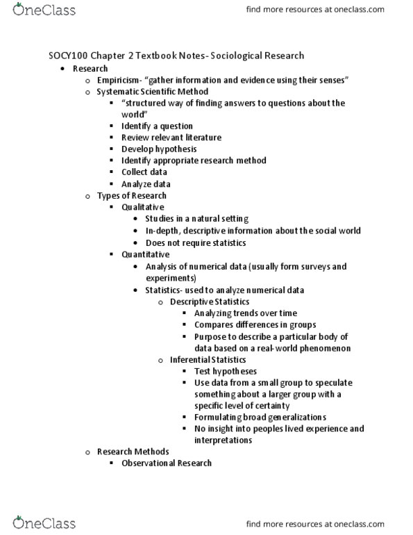 SOCY 100 Chapter Notes - Chapter 2: Participant Observation, Ethnography, Empiricism thumbnail