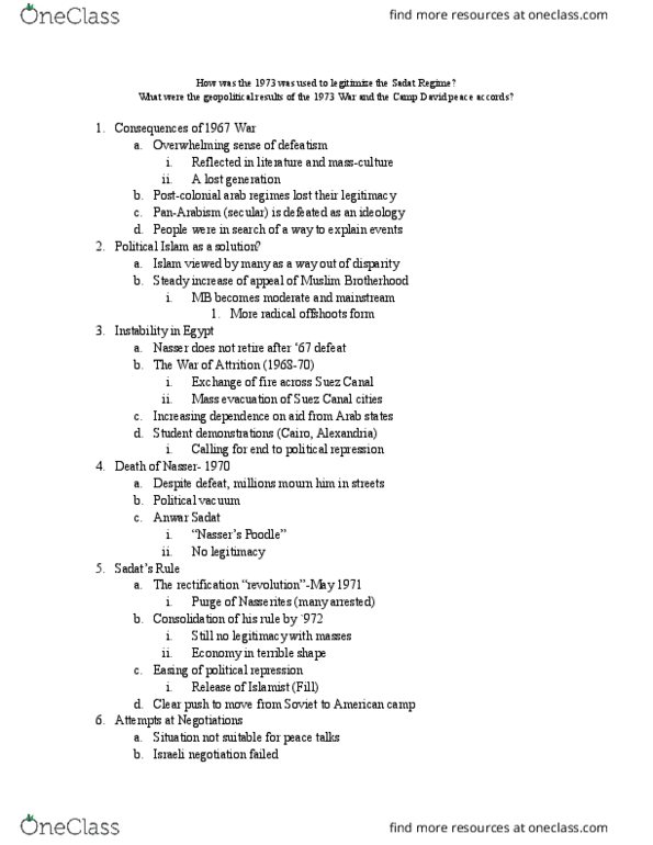 NES 2674 Lecture Notes - Lecture 19: Yom Kippur War, Camp David Accords, Infitah thumbnail