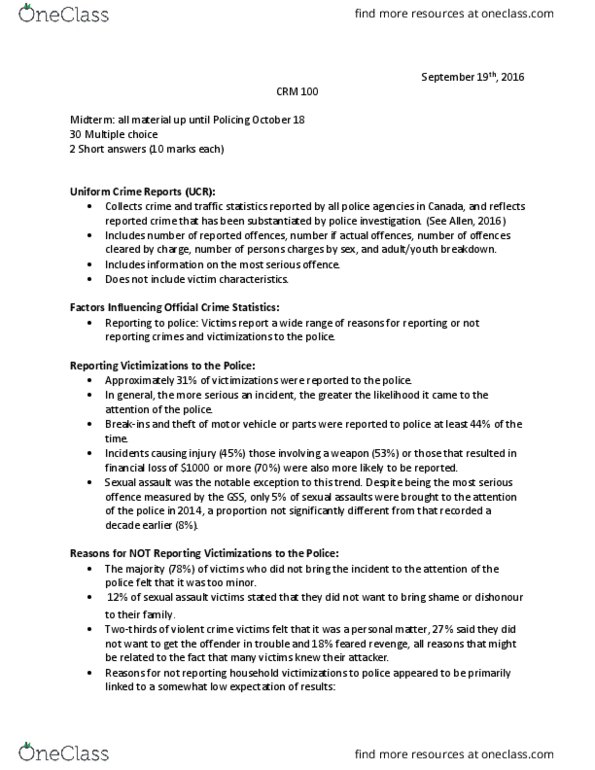 CRM 100 Lecture Notes - Lecture 2: Uniform Crime Reports, Main Source, Blackboard thumbnail