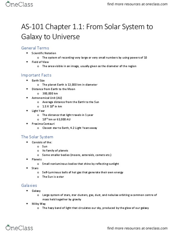 AS101 Chapter Notes - Chapter 1.1: Astronomical Unit, Scientific Notation, Spiral Galaxy thumbnail