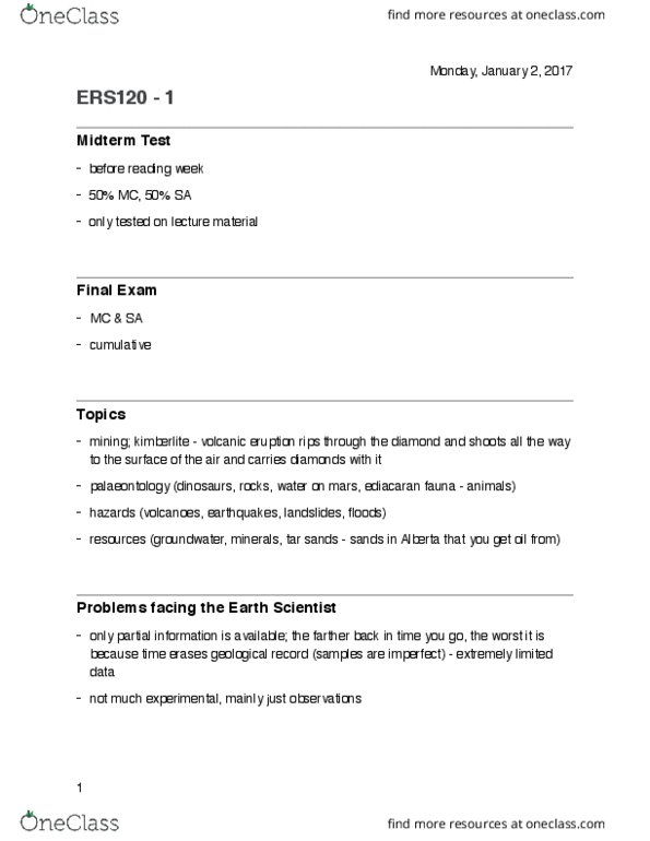 ERS120H5 Lecture Notes - Lecture 1: Outer Core, Paleontology, Kimberlite thumbnail