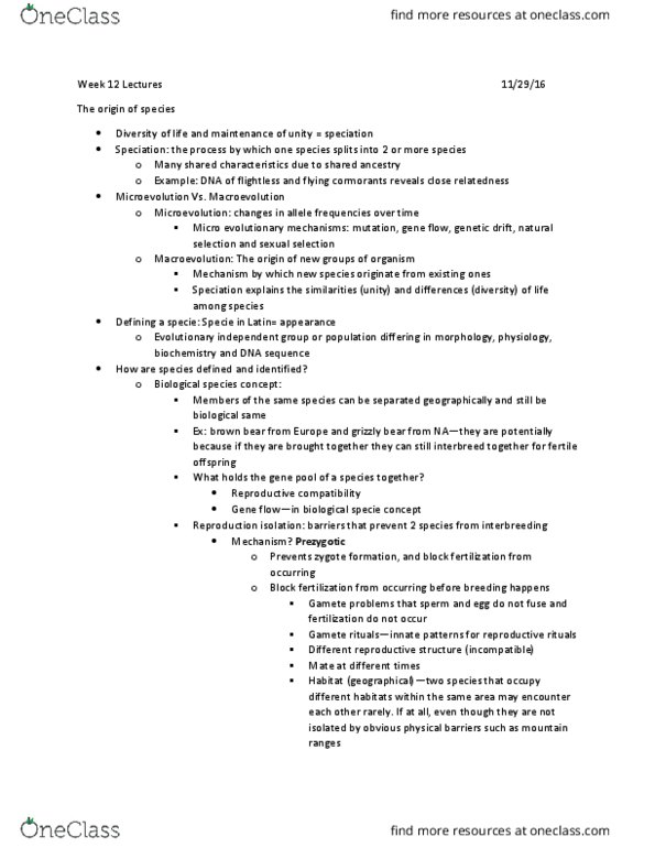 BIO152H5 Lecture Notes - Lecture 12: Macroevolution, Microevolution, Speciation thumbnail