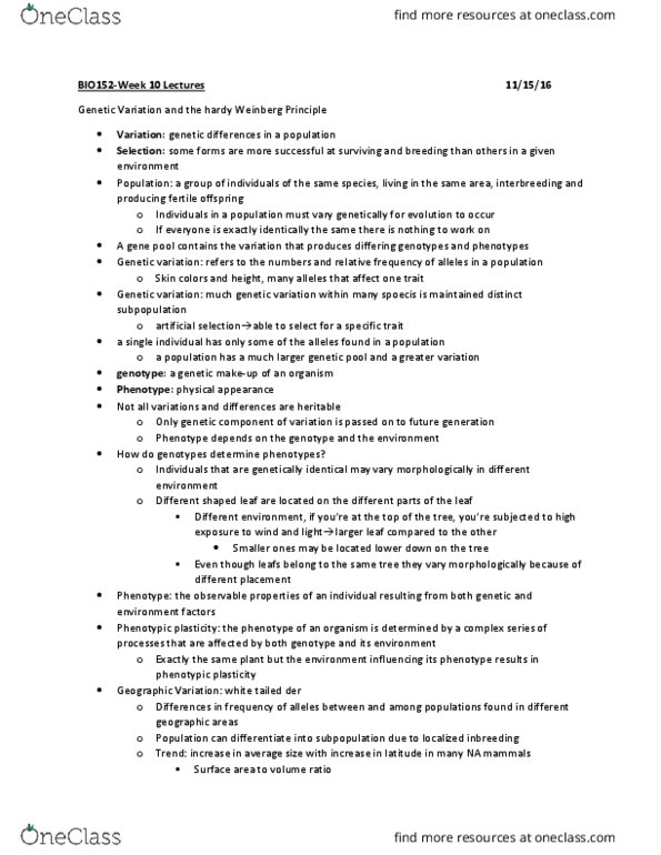 BIO152H5 Lecture Notes - Lecture 10: Small Population Size, Inbreeding Depression, Allele Frequency thumbnail