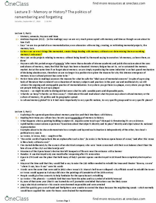 ARTH 3710 Lecture Notes - Lecture 3: National September 11 Memorial & Museum, Andreas Huyssen, Collapse Of The World Trade Center thumbnail