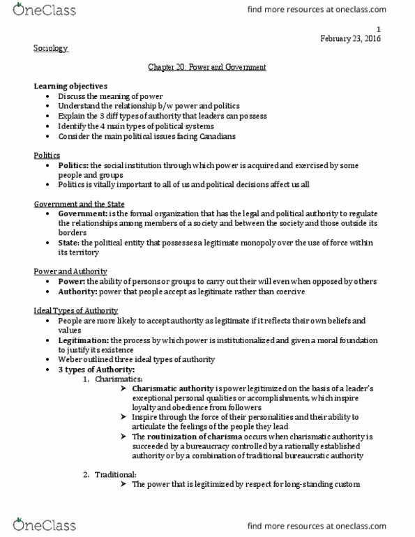 SOCI 1010 Lecture Notes - Lecture 20: The Power Elite, Charismatic Authority, Totalitarianism thumbnail