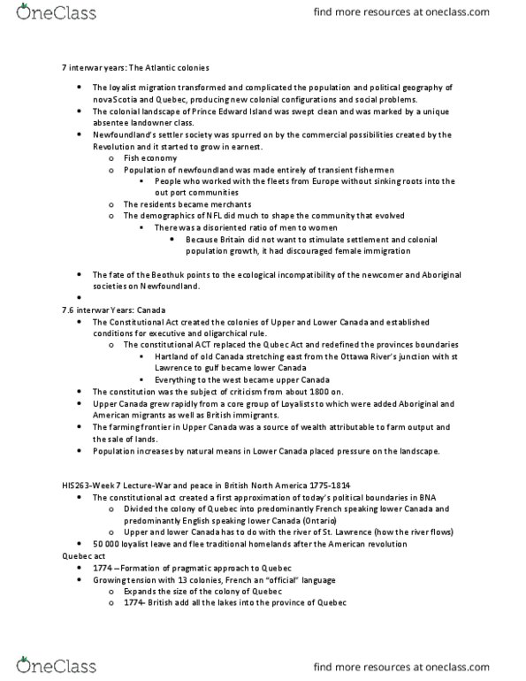 HIS263Y5 Lecture Notes - Lecture 7: Lower Canada, Quebec Act, Seigneurial System Of New France thumbnail