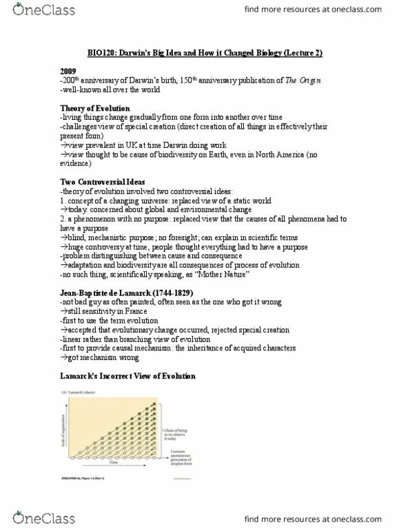 BIO120H1 Lecture Notes - Lecture 2: Linnean Society Of London, Special Creation, Mendelian Inheritance thumbnail