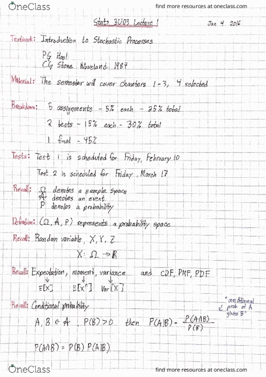 STATS 3U03 Lecture Notes - Lecture 1: Stochastic Process, State Space, Random Variable thumbnail