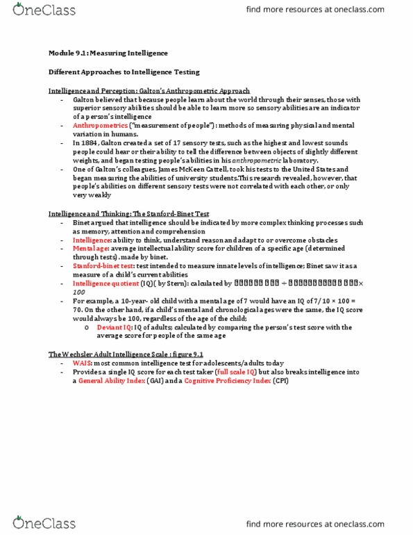 PSYA02H3 Chapter Notes - Chapter 9.1: Wechsler Adult Intelligence Scale, James Mckeen Cattell, Intelligence Quotient thumbnail