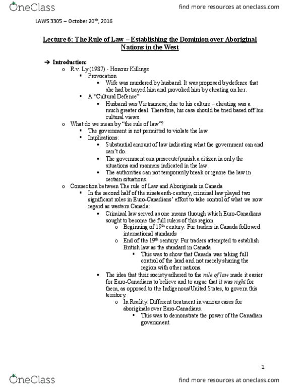 LAWS 3305 Lecture Notes - Lecture 6: Bute Inlet, Honor Killing, Homicide thumbnail