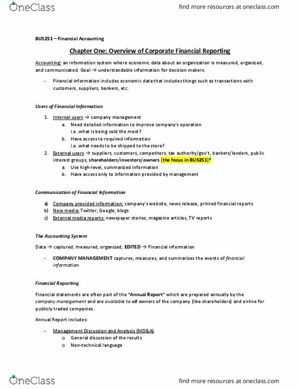 BUS 251 Lecture Notes - Lecture 1: Financial Statement, Balance Sheet, New Media thumbnail