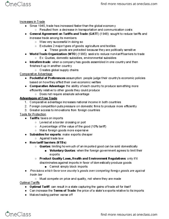 POLSCI 160 Lecture Notes - Lecture 24: Absolute Advantage, Comparative Advantage, General Agreement On Tariffs And Trade thumbnail