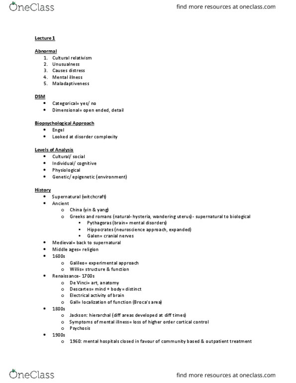 PSY240H5 Lecture Notes - Lecture 1: Cranial Nerves, Cultural Relativism, Epigenetics thumbnail