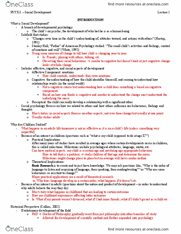 PSY311H5 Lecture Notes - Lecture 1: Child Development, Scientific Method, Developmental Psychology thumbnail