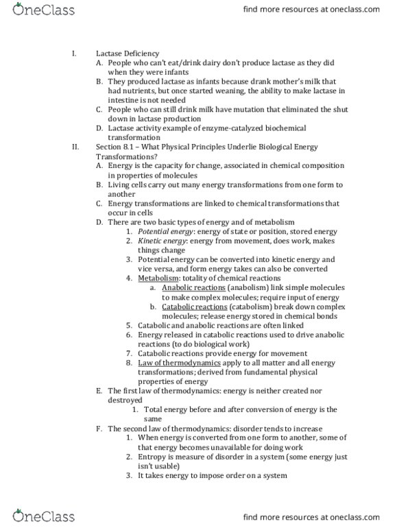 CAS BI 108 Chapter Notes - Chapter 8: Endergonic Reaction, Atp Hydrolysis, Lactase thumbnail
