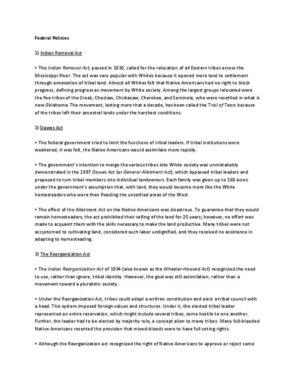 SOC 2390 Lecture Notes - Indian Reorganization Act, Indian Removal Act, Dawes Act thumbnail