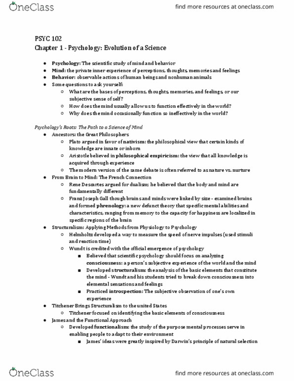 PSYC 102 Chapter Notes - Chapter 1: Pierre Janet, Humanistic Psychology, Edward B. Titchener thumbnail