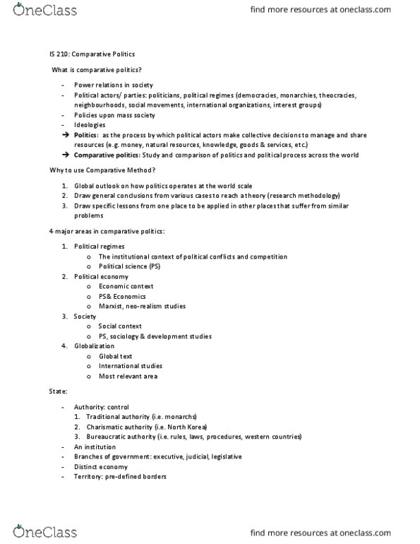 IS 210 Lecture Notes - Lecture 1: Comparative Politics, Charismatic Authority, International Studies thumbnail