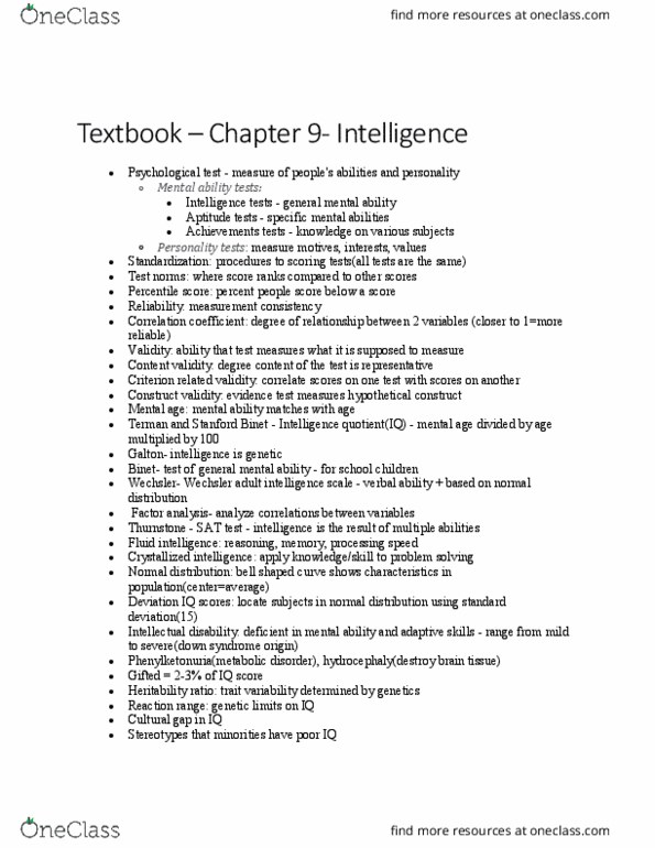 PSYC 1002 Chapter Notes - Chapter 9: Wechsler Adult Intelligence Scale, Stanford–Binet Intelligence Scales, Content Validity thumbnail