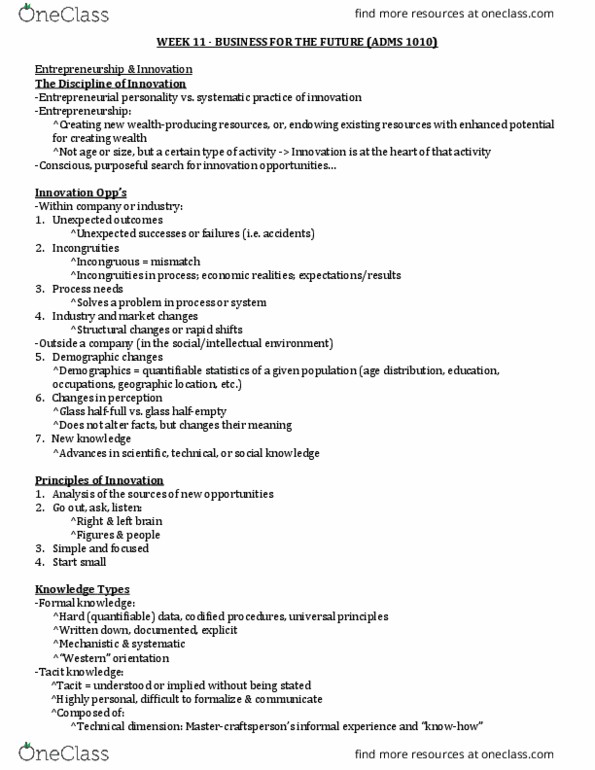 ADMS 1010 Lecture Notes - Lecture 11: Tacit Knowledge, Explicit Knowledge, Social Entrepreneurship thumbnail
