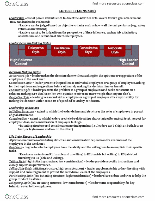 ADMS 2400 Lecture Notes - Lecture 10: Work Unit, Job Satisfaction, Absenteeism thumbnail