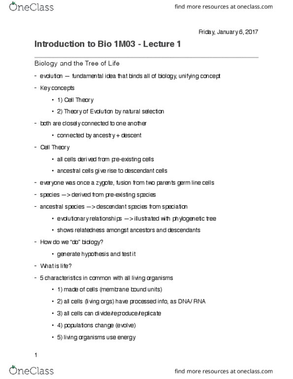 BIOLOGY 1M03 Lecture Notes - Lecture 1: Spontaneous Generation, Cell Membrane, Marsupial thumbnail