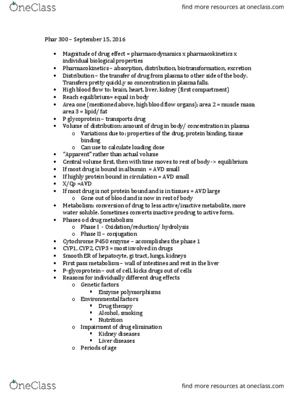 PHAR 300 Lecture Notes - Lecture 1: Tricyclic Antidepressant, Pharmacokinetics, Hepatocyte thumbnail