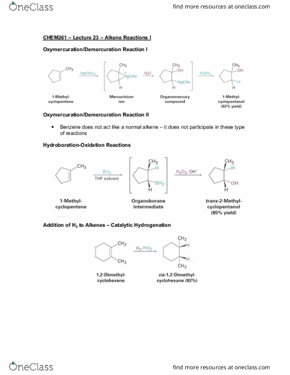 CHEM 261 Lecture Notes - Lecture 23: Alkene, Benzene, Hydrogenation thumbnail