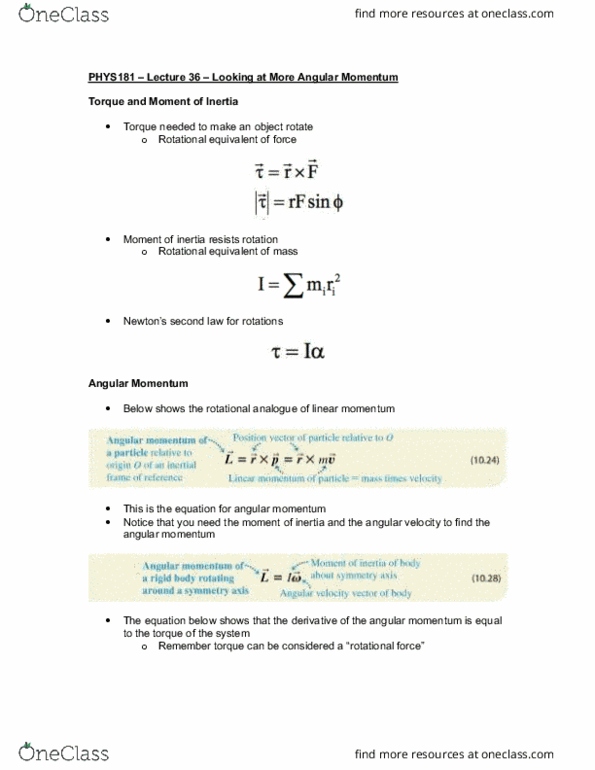 PHYSICS 181 Lecture Notes - Lecture 36: Angular Velocity, Momentum thumbnail