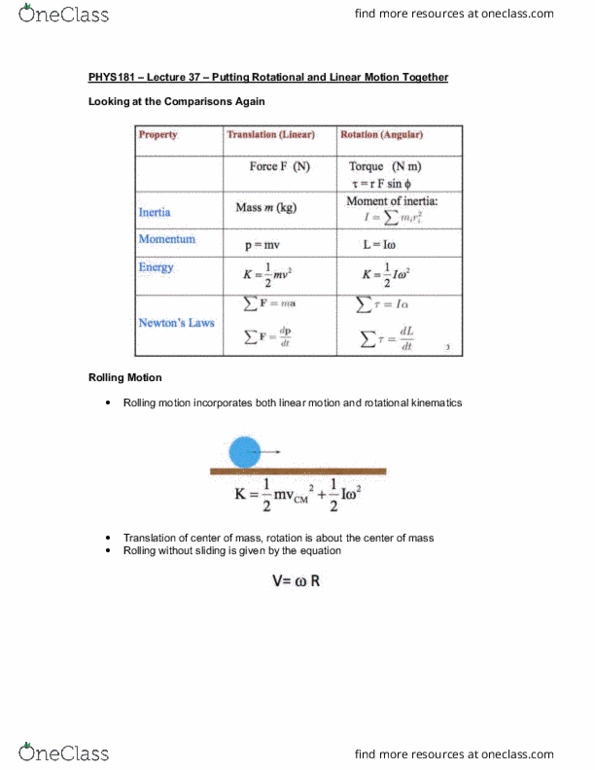 PHYSICS 181 Lecture Notes - Lecture 37: Kinematics thumbnail