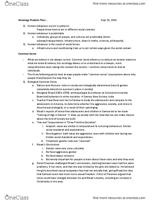 SOC 111 Lecture Notes - Lecture 2: Margaret Mead, Franz Boas, Arapesh Languages thumbnail