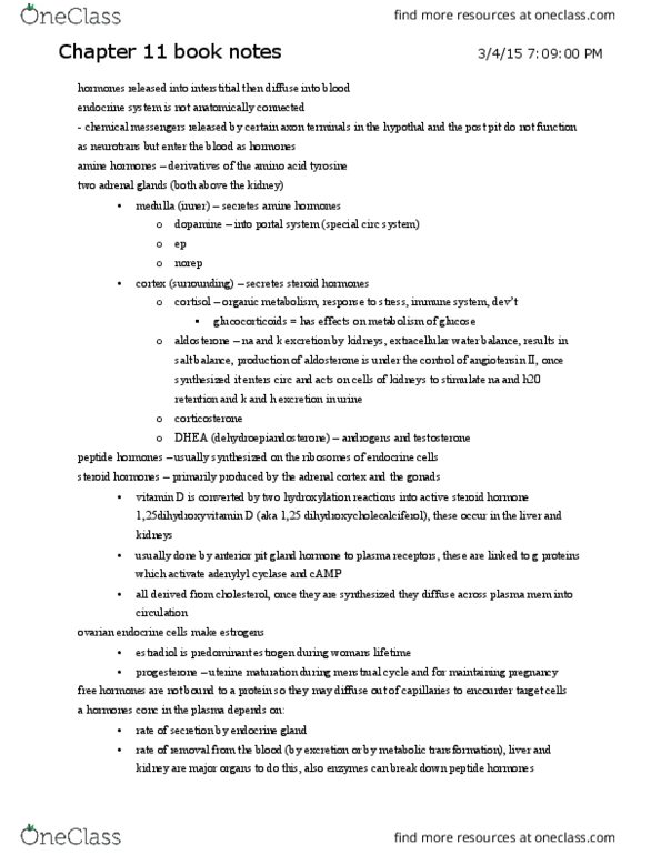 CAS BI 315 Chapter Notes - Chapter 11: Hydrophile, Dehydroepiandrosterone, Hypothyroidism thumbnail
