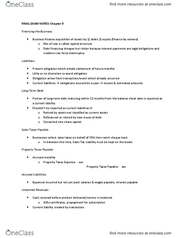 COMMERCE 1AA3 Chapter Notes - Chapter 0: Contingent Liability, Promissory Note, Capital Structure thumbnail