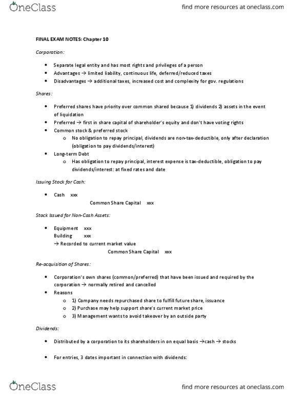 COMMERCE 1AA3 Chapter Notes - Chapter 10: Cash Flow Statement, Preferred Stock, Share Capital thumbnail