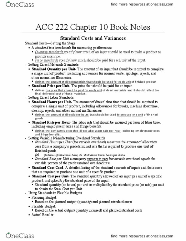 ACC 222 Chapter Notes - Chapter 10: Variable Cost, Negative Number thumbnail