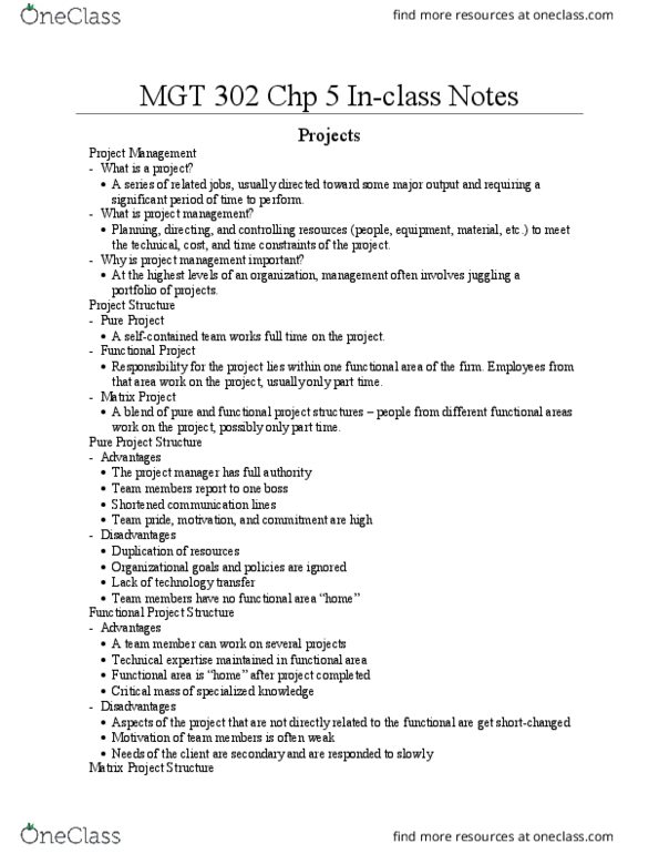 MGT 302 Chapter Notes - Chapter 5: Critical Mass, Project A, Project Manager thumbnail