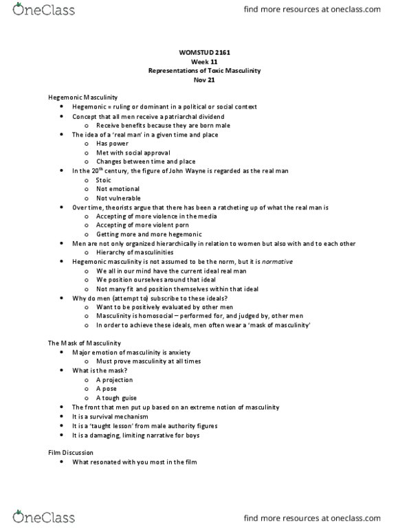 Women's Studies 2161A/B Lecture Notes - Lecture 11: Homosociality, Bigger, Stronger, Faster*, Guy Code thumbnail