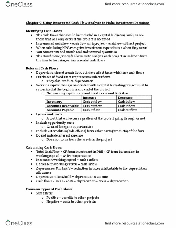 FINA 2710 Chapter Notes - Chapter 9: Cash Flow, Income Statement, Sunk Costs thumbnail