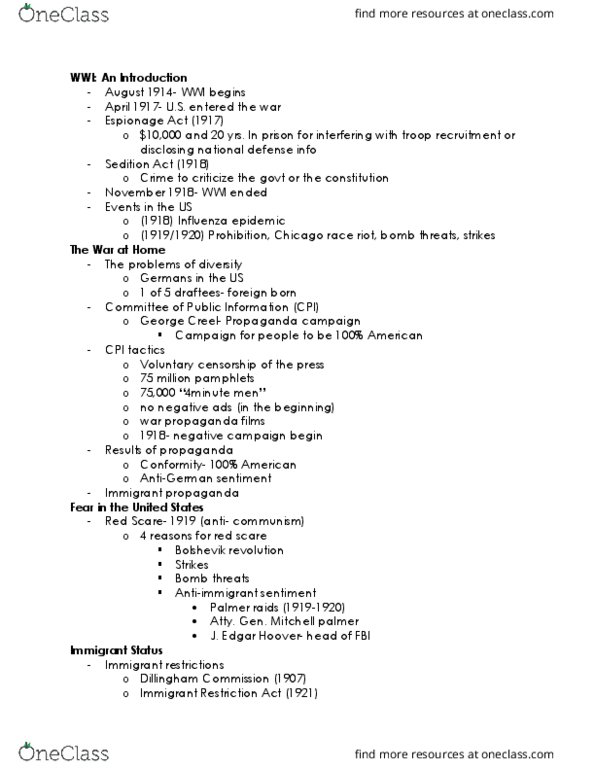 HIS 111 Lecture Notes - Lecture 10: George Creel, United States Congress Joint Immigration Commission, Espionage Act Of 1917 thumbnail