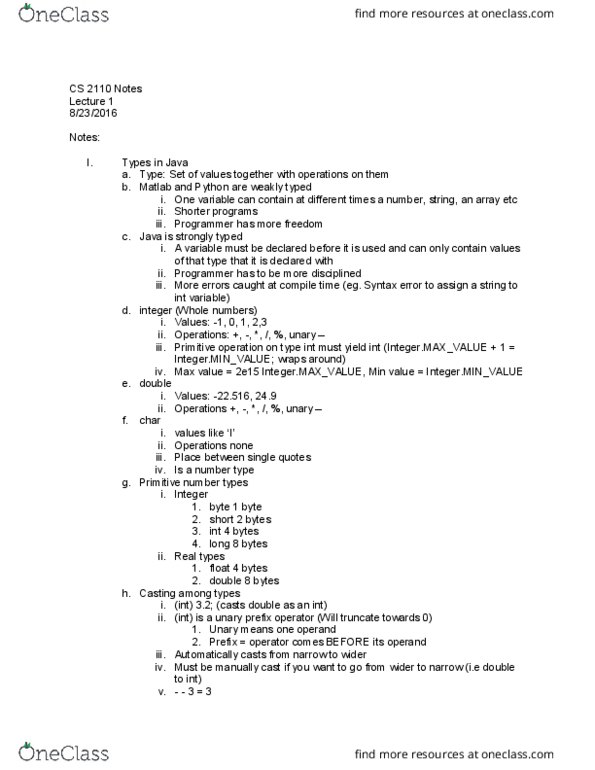 CS 2110 Lecture Notes - Lecture 1: Compile Time, Strong And Weak Typing, Operand thumbnail